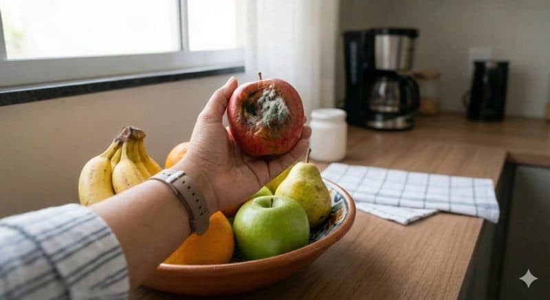 Mão segurando uma fruta passada tirada da fruteira